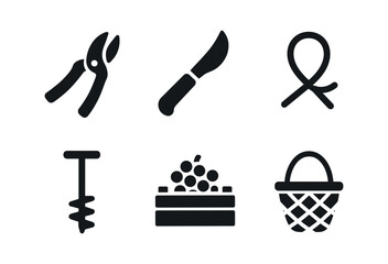 Fototapeta premium vector solid black filled icons winemaker (vineyard tools): pruning shear grape knife vine tie soil auger harvest crate picking basket.