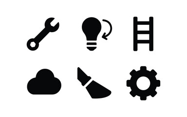 vector solid black filled icons lighthouse keeper (maintenance): wrench tool bulb replace ladder rung shadow smear highlight rim gear icon.