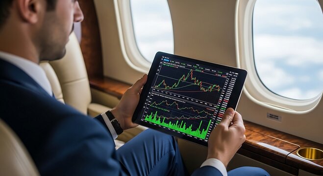Businessman Analyzing Stock Market Data on Tablet in Private Jet. - Powered by Adobe