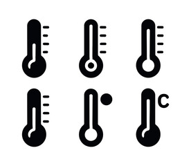 vector solid black filled icons meteorologist (thermometer): mercury column scale marks bulb tip Celsius icon shadow smear highlight rim.