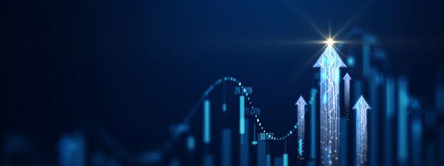 Futuristic digital growth concept with glowing arrows and financial graph, symbolizing innovation, technology, and business success.