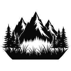 Obraz premium Black Silhouette of Mountains with Pine Trees and Grass Vector Illustration