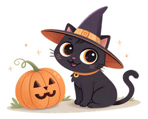 Halloween Cartoon Cat with Witch Hat and Pumpkin Illustration on White Background