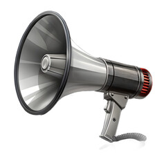 Silver megaphone with black handle on a black background