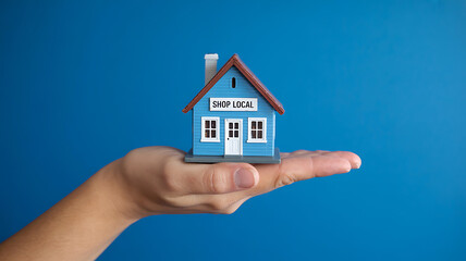 Hand holding miniature blue house with shop local sign