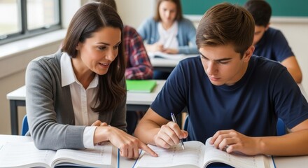 Obraz premium A teacher and student in a classroom setting, engaged in a lesson.