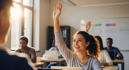 A diverse group of students raising their hands in a classroom setting.
