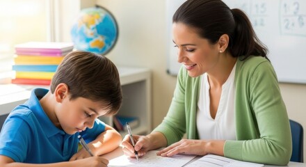 A teacher helping a student with homework in a classroom.