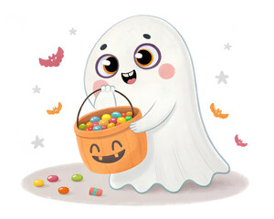 Cute Ghost Character Holding Candy Bucket Isolated on White Background