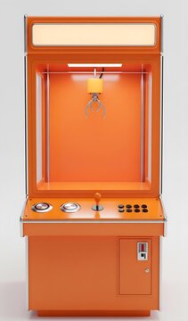 A vibrant orange retro arcade crane machine filled with fruit and a metallic bottle.