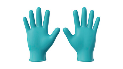 Obraz premium Two light blue medical gloves extended, ready for work or protection against germs and disease