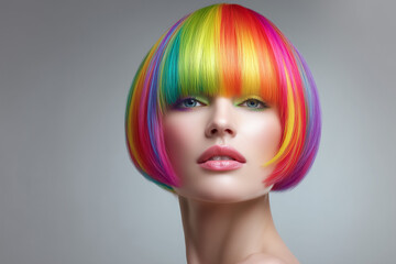 Naklejka premium Rainbow blunt bob with heavy fringe on clean background, glossy salon color finish