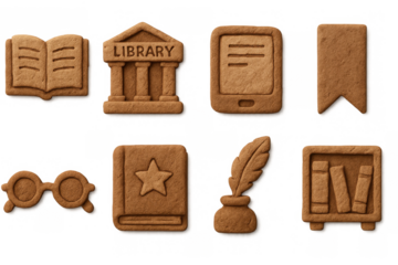 Set of book-themed cookie icons for libraries and digital reading