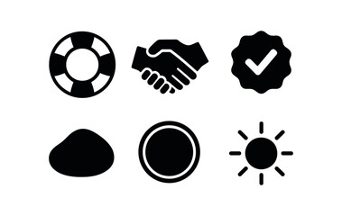 vector solid black filled icons reassurance (support icon): lifebuoy ring hand hold check badge shadow smear highlight rim light glow.