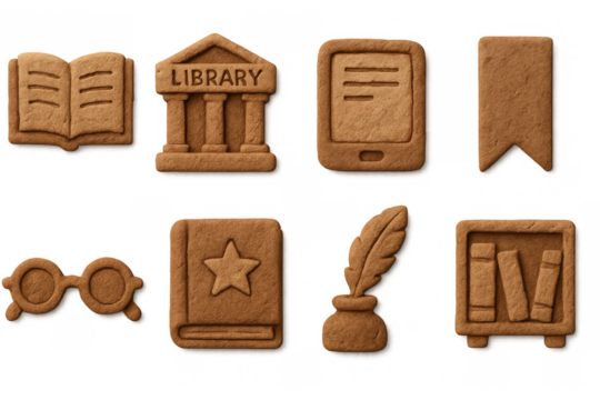 Set of book-themed cookie icons for libraries and digital reading