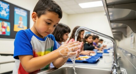 A young boy washing his hands in a school sink.
