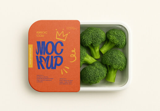 Food Tray Packaging Mockup &ndash; Realistic Fresh Broccoli Container with Label Design