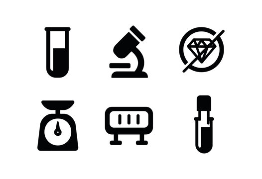 vector solid black filled icons gemologist (lab gear): spectrometer cell microscope eyepiece polariscope slide scale dial UV lamp colorimeter tube.