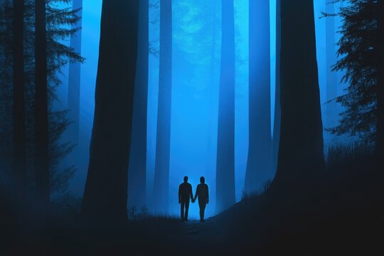 Silhouetted couple holding hands, walking through a mysterious blue-lit forest at night.