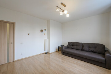bright living room with a brown sofa, wooden floor, a door, and white walls