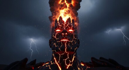 Epic elemental fire golem with cracked skin on a stormy night with lightning. Ideal for fantasy games, graphic novels, Halloween, or elemental power themes.