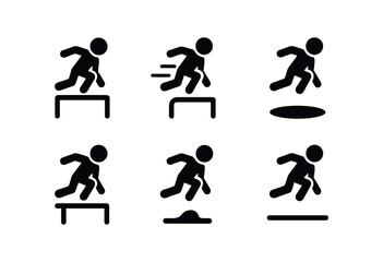 vector solid black filled icons freerunning (vault jump): athlete leap rail edge motion blur shadow smear highlight rim ground line.