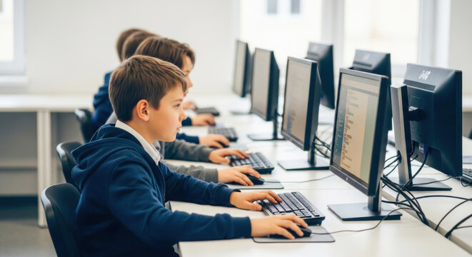 Children using computers in a classroom setting.