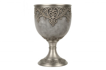 Ornate silver goblet with decorative carvings stands isolated on a transparent background, evoking a sense of history and elegance