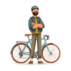Fototapeta premium A man wearing a cycling helmet, standing with a bicycle, urban lifestyle, isolated on white background.