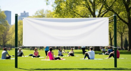 Blank mockup horizontal banner in a park for a yoga festival or mental health awareness event