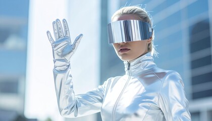Futuristic woman in metallic suit and glasses raises hand interacts in a cityscape with reflective buildings