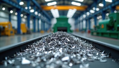 Metal recycling facility with shredded metal pieces on conveyor belt. Industrial machinery processing scrap metal demonstrates efficient resource recovery, sustainability in manufacturing.
