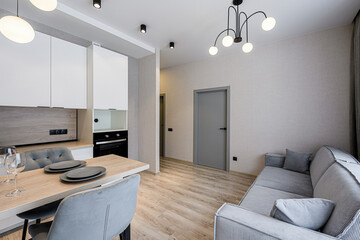 modern living space with a kitchen area, dining table, and a grey sofa. Light wood floors and neutral tones create a calm atmosphere
