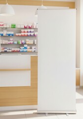 Blank mockup roll-up banner in a pharmacy for a health product or public health information