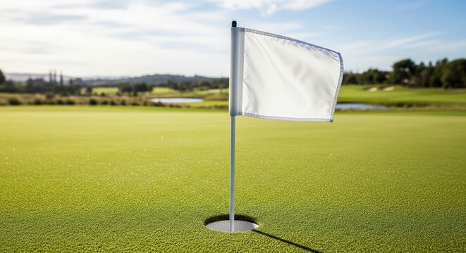 Blank mockup golf flag on a green field for a charity or health-focused tournament