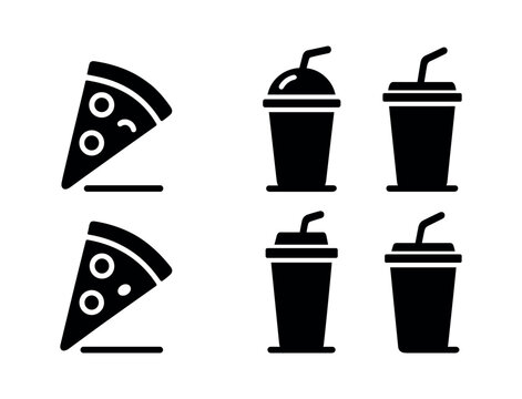 vector solid black filled icons fast food combo (pizza slice and ): pizza icon cup ice cubes straw line shadow smear light rim.