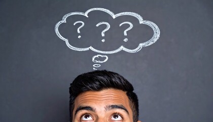 A man stares upward with a thought bubble full of question marks, illustrating curiosity, confusion, brainstorming or seeking solutions and innovative ideas