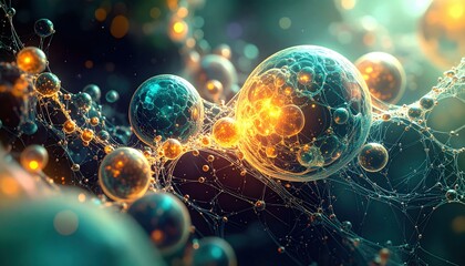 Abstract network of colorful glowing cells and molecules illustrates futuristic biological research, nanotech, and scientific discovery at micro scale