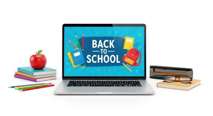 A laptop with a colorful back cover and a blue screen displaying the words 'Back to School' and various school-related icons.