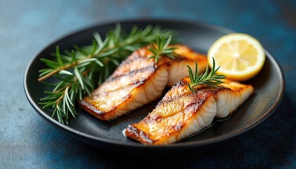 Two pieces of grilled fish served on a dark plate with rosemary sprigs and a lemon slice. This healthy seafood dish offers delicious flavor and expert culinary presentation for a satisfying meal.
