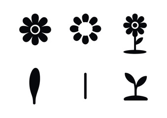 vector solid black filled icons flower season (daisy patch): daisy head petal ring stem line shadow smear highlight rim ground sprig.