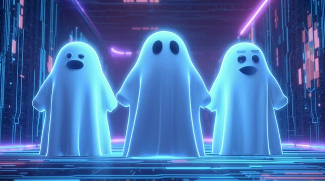 Futuristic glowing cartoon ghosts animation in digital cyber world, three blue holographic spirits floating with neon light effects, fun Halloween spooky character design for metaverse content