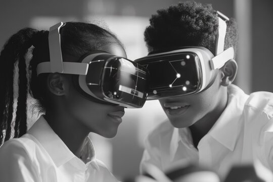 Two students wearing VR headsets, experiencing immersive technology in education.