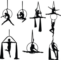 Aerial acrobatics silhouettes, women performing aerial hoop and silk poses, elegant circus training, flexibility, strength, artistic aerial dance, vector art. © Maisa