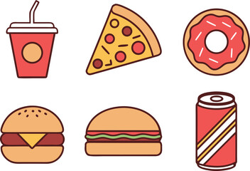 A vibrant vector illustration set of sweet dessert and bakery icons, from coffee and cakes to fast food hamburgers and pizza
