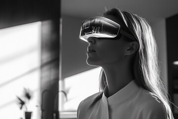A woman wearing a VR headset, experiencing immersive virtual reality in a modern setting.