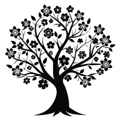 Black Silhouette Tree with Flowers and Leaves, Graphic Design Element for Nature Art