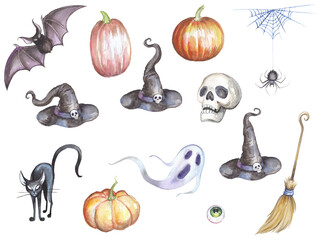 Set of Halloween items. Witch hat, skull, cat, pumpkin, broom, bat