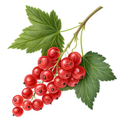 A realistic illustration of a bunch of ripe red currants on a stem with green leaves