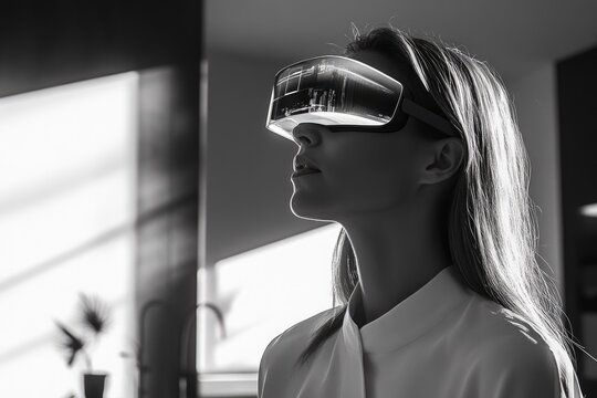 A woman wearing a VR headset, experiencing immersive virtual reality in a modern setting.